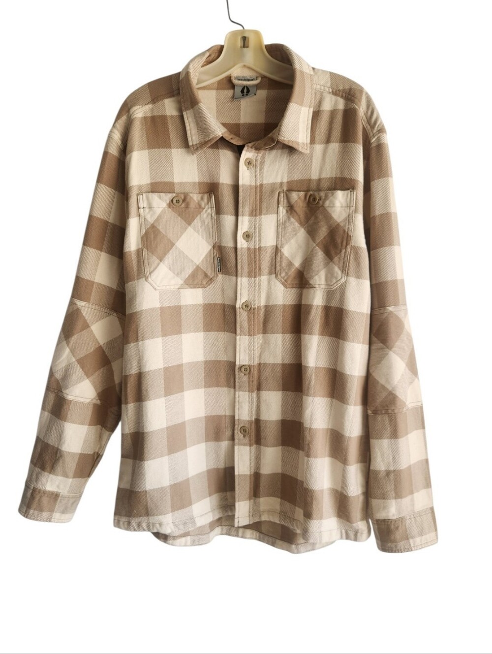 Bearded Goat Ozark Utility Flannel Shirt Tan Buffalo Plaid Long Sleeve Sz Large